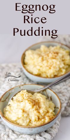 eggnog rice pudding in two bowls on a white tablecloth with text overlay