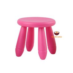 a pink stool with three legs sitting on top of it's feet and one leg up