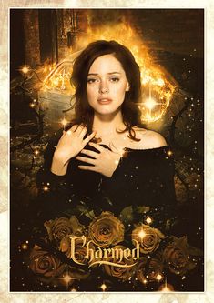 a woman with her hands on her chest and the words charmed written in gold