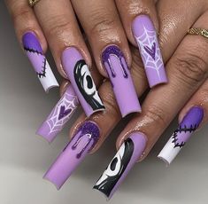 Baddie Halloween Nails Acrylic, Unique Halloween Nail Designs, Purple Nails Designs With Rhinestones, Purple Black Nails Acrylic, Spooky Halloween Nails Acrylic Long, Glittery Halloween Nails, Tie Nail Designs, Nails Asthetics