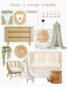 a baby's nursery room with neutral colors and accessories, including a crib