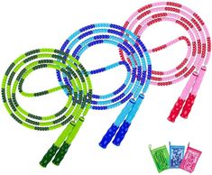 three neon colored ropes with plastic clips on them