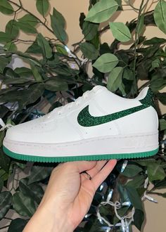 Stunning Swarvoski Rhinestone Blinged Out AirForceOnes Nikes Low - Youth Size 6.5 = 8 in Womens Jordan 1 Mids, Nike Air Force 1s, Air Force 1s, Nike Air Max 270 React, Air Max 270 React, Sneakers Athletic, Womens Nike, Nike Air Max 270, Green Glitter