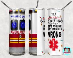 two emergency cans with the words ambulance printed on them, one is red and white