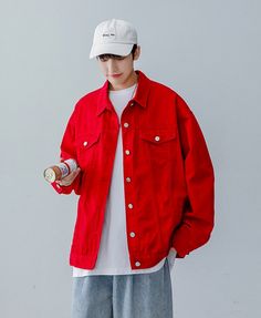 Red Loose Denim Jacket | Jinsoul - Loona L Bleached Denim Jacket, Jinsoul Loona, Plaid Suit Jacket, Cropped Biker Jacket, Brunch Dates, Fashion Chingu, Neutral Tops, Pop Of Red, Types Of Coats