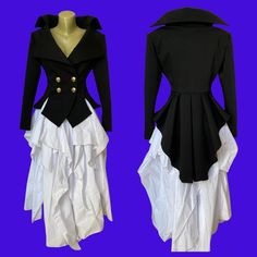 "Fantastic hand tailored georgette formal tuxedo coat with tails. Wide padded shoulders and decorative gold buttons at front The skirt is also available in my shop https://www.etsy.com/listing/1053036939/steampunk-black-taffeta-long-skirtmaxi?click_key=f5f753035cc9aa93deeb88a423318aadb4fe3420%3A1053036939&click_sum=6e73f7ec&ref=shop_home_active_3 SIZE CHART SIZE S - US 6, UK 8, EU 36 bust: bust around 34.5\"/90cm Waist: waist around 27.5\"/70cm Hips: hips around 34.5\"/90cm SIZE M - US 8 Elegant Costume Blazer With Buttons, Elegant Fitted Blazer For Costume, Elegant Black Blazer For Costume, Fitted Steampunk Party Outerwear, Elegant Fitted Outerwear For Cosplay, Fitted Long Sleeve Blazer For Cosplay, Avant-garde Fitted Party Blazer, Fitted Ruffled Outerwear For Costume, Tailcoat Tuxedo