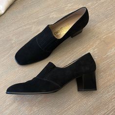 Heels-2.25 Formal Suede Slip-on Heels, Classic Evening Slip-on Court Shoes, Classic Slip-on Suede Heels, Elegant Suede Slip-on Heels, Classic Suede Slip-on Heels, Classic Slip-on Heels For Galas, Vintage Ferragamo, Luxury Heels, High End Shoes