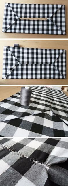 some black and white checkered fabric sitting on top of a table