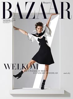 the cover of harper magazine featuring a woman in black and white dress with her legs spread out