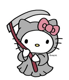 an image of hello kitty with a bow on it's head and holding a scooter