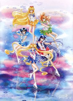 four sailor girls with long blonde hair and blue eyes are flying through the air in front of