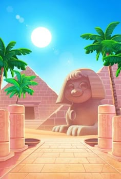 an image of a cartoon scene with palm trees in the foreground and a stone lion on the other side