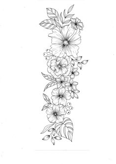 a black and white line drawing of flowers on the side of a tall column with leaves