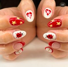 Nail Art Ladybug, Lady Bird Nails, Fun Prom Nails, Funky Red Nails, Silly Nail Art, Ladybug Nails Designs, Ladybird Nails, Fun Red Nails, Corporate Nails