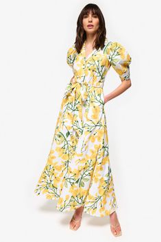 Exclusive Caroline Dress Yellow Midi-length Dress With Fitted Bodice, Yellow Midi Dress With Fitted Bodice, Fitted Cotton Maxi Dress For Garden Party, Yellow Fitted Bodice Midi Dress, Spring Maxi Length Dress Down Gown, Spring Dress Down Maxi Gown, Cotton Dress With Fitted Bodice For Garden Party, Fitted Long Dress For Garden Party, Cotton Maxi Dress With Fitted Bodice