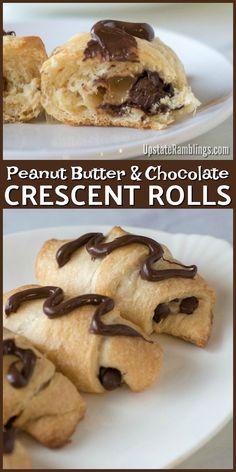 chocolate butter and chocolate crescent rolls on a white plate with the words, peanut butter and chocolate crescent rolls