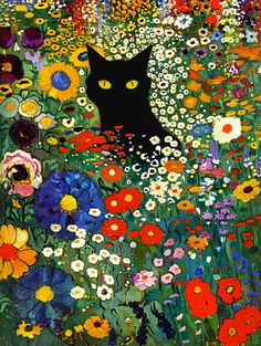 a painting of a black cat in a field of flowers and daisies, surrounded by wildflowers