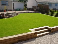 a backyard with grass and steps leading to the back yard, next to a house