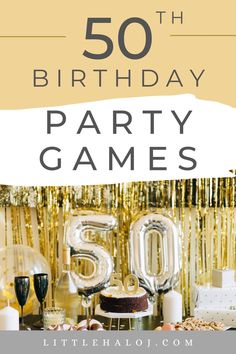 a 50th birthday party with balloons, cake and confetti