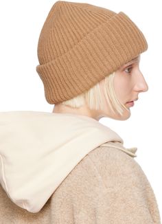 Rib knit wool- and cashmere-blend beanie in tan. Logo patch at rolled brim. Supplier color: Camel Patch Logo, Top Brands, Camel, Rib Knit, Cashmere, Wool, Luxury Fashion, ? Logo, Knitting