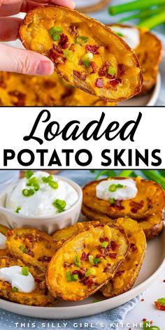 loaded potato skins on a plate with sour cream