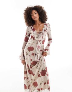 Dress by ASOS DESIGN *Saves to inspo folder* Floral design V-neck Tie front Long sleeves Regular fit Destination Dress, Spring Floral Dress, Cardigans, Satin Slip Dress, Black Shirt Dress, Orange Dress, Maxi Dress Trend, Tea Dress, Mini Dress Party