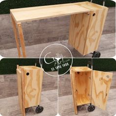 two pictures of a wooden table with wheels on the bottom and one showing it's doors open