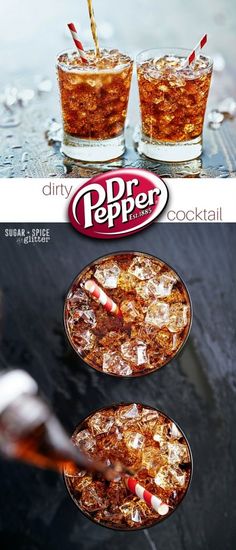 two glasses filled with ice sitting on top of a table next to an advertisement for dr pepper