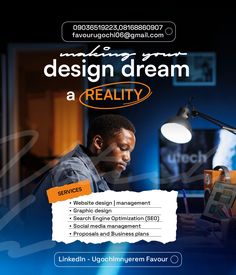 a man sitting at a desk in front of a computer screen with the words design dream on it