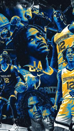 a collage of men's basketball players in blue and yellow