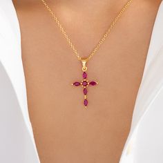 Material: gold plated stainless steel, crystals Length: 17" + 2" extension Pendant size: 0.75" x 1" IMPORTED Necklace Red, Cross Necklace, Brooklyn, Gold Plate, Plating, Stainless Steel, Crystals, Pendant, Red