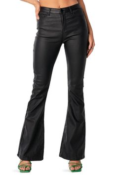 EDIKTED Luna Faux Leather Flare Leg Pants | Nordstrom Faux Leather Jeans, Most Comfortable Jeans, Holiday Outfits Women, Black Leather Pants, Leather Jeans, Black Flare, Flare Leg Pants, Faux Leather Pants, Leather Mini Skirts