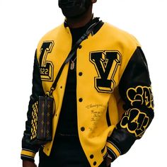 Men Louis Vuitton Yellow and Black Varsity Jacket Louis Vuitton Varsity Jacket, Black And Yellow Jacket, Green Varsity Jacket, Men Louis Vuitton, Nba Jacket, Black Cotton Jacket, Christmas Jacket, Maroon Jacket, Grey Leather Jacket