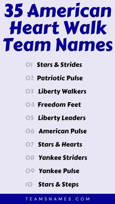 the 25 american heart walk team names are in blue and white with black lettering on it