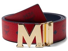 MCM Claus Reversible Belt - Belts : Candy Red : Keep your opulent options open wearing the MCM Claus Reversible Belt. The M buckle is detachable, allowing for the strap to be cut to a customizable fit. Leather belt with a gold-tone logo shaped buckle. Single hardware strap keeper. Reversible design. Spot clean. Imported. Measurements: Width: 1 3 4 in First Hole Length: 47 in Last Hole Length: 43 in Weight: 10 oz Mcm Belt, Logo Shapes, Candy Red, Reversible Belt, Red Candy, Mens Belts, Belts For Women, Red And Black, Leather Belt