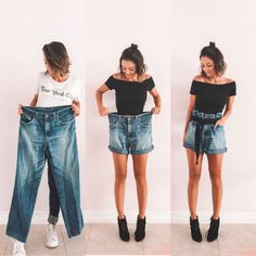 three pictures of a woman wearing high waisted denim shorts and black off the shoulder t - shirt