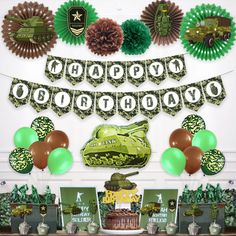 PRICES MAY VARY. ARMY PARTY DECORATIONS KIT INCLUDE - 1pc camouflage army birthday banner, 1pc camouflage cake topper, 8pcs tank grenade military cannon cupcake toppers, 6pcs brown/dark green paper fans or pom poms in different sizes, 4pcs tank military grenade badge cutouts, 1pc tank foil balloon, 15pcs 10” dark green/brown/camouflage printed latex balloons. SUITABLE FOR VARIOUS OCCASIONS –This army party decorations kit is suitable for army birthday party, camouflage birthday party, army campi Army Birthday Party, Camping Theme Birthday Party, Army Birthday, Military Party, Birthday Theme Decoration