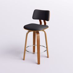 a wooden stool with black seat and back rest