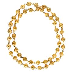 18K Solid Gold Ball Etruscan Revival Necklace. Unique design links 51 yellow gold balls together in an oval spring ring with no open clasp. Gold ball dimensions: 7.48 mm long x 9 mm wide. Necklace dimensions: 32 inches/81.5 cm. Total weight: 101 grams. Elegant Jewelry With Oval Spacer Beads, Formal Gold Necklaces With Spacer Beads, Luxury Yellow Gold Jewelry With Spacer Beads, Elegant Necklaces With Oval Gold Beads, Elegant 22k Gold Round Beads Jewelry, Elegant Jewelry With Oval Gold Beads, Elegant 22k Gold Necklaces With Round Beads, Elegant 22k Gold Round Bead Necklace, 22k Gold Beaded Jewelry For Formal Occasions