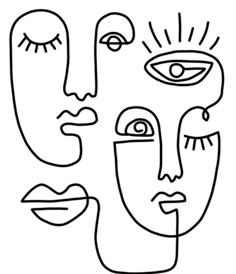 three faces with different shapes and colors