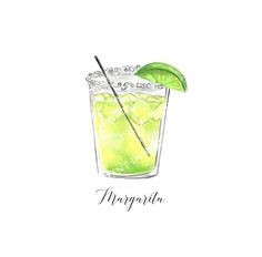 a watercolor drawing of a margarita drink with limes and two black straws