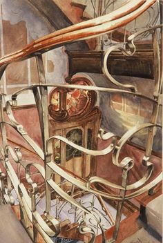 watercolor painting of an old clock on the side of a building with metal handrails