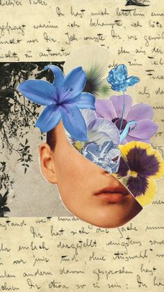 a collage with flowers and butterflies on top of an old piece of paper that has been altered to look like a woman's face