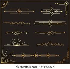 a set of art deco design elements in gold, black and white on a dark background