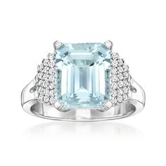 Ross-Simons - 4.00ct Aquamarine, .25ct t. w. Diamond Ring in 14kt White Gold. Size 6. Do you dream of big gems? Then this stellar cocktail ring is for you! Our fabulous 4.00 carat emerald-cut aquamarine beams beautiful baby-blue sparkle from its many facets, flanked by dazzling .25 ct. t. w. round brilliant-cut diamond clusters. Finely crafted in polished 14kt white gold. 3/8" wide. Diamond and aquamarine ring. Aquamarine birthstones are the perfect gift for March birthdays. Aquamarine Birthstone, March Birthday, Blue Sparkles, Aquamarine Rings, Diamond Cluster, Round Brilliant Cut Diamond, Cocktail Rings, Aquamarine, Diamond Ring