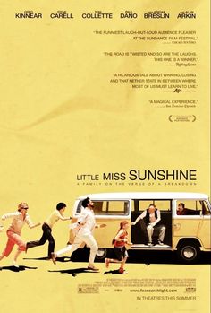 the movie poster for little miss sunshine is shown with people running in front of a van