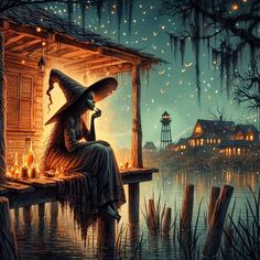 a painting of a witch sitting on a dock by the water at night with candles