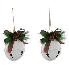 two christmas ornaments hanging from twine with bows and pine cones on them, one is white