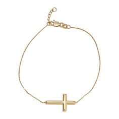 "Showcase your faith and devotion with the modern look of this sideways cross bracelet. Showcase your faith and devotion with the modern look of this sideways cross bracelet. BRACELET DETAILS Length: 7.5 in. with 1-in. extender Clasp: lobster claw Metal: 10k gold Finish: polished Nickel free Packaging: dust bag Size: 7.5"". Color: Yellow. Gender: female. Age Group: adult." Jewelry Clasps, Cross Bracelet, 10k Gold, Polished Nickel, Lobster Claw, Gold Finish, Gender Female, The Modern, Arrow Necklace