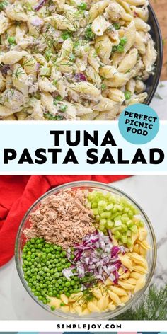 pasta salad with tuna and peas in a bowl